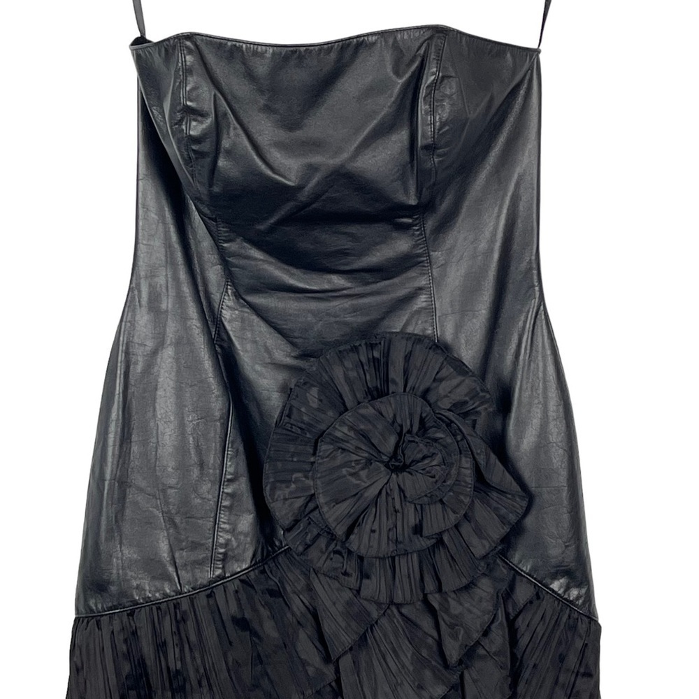 VINTAGE 80S SAMIR ANTONIO RUSPOLI LEATHER STRAPLESS RUFFLE PARTY COCKTAIL DRESS - Picture 5 of 12
